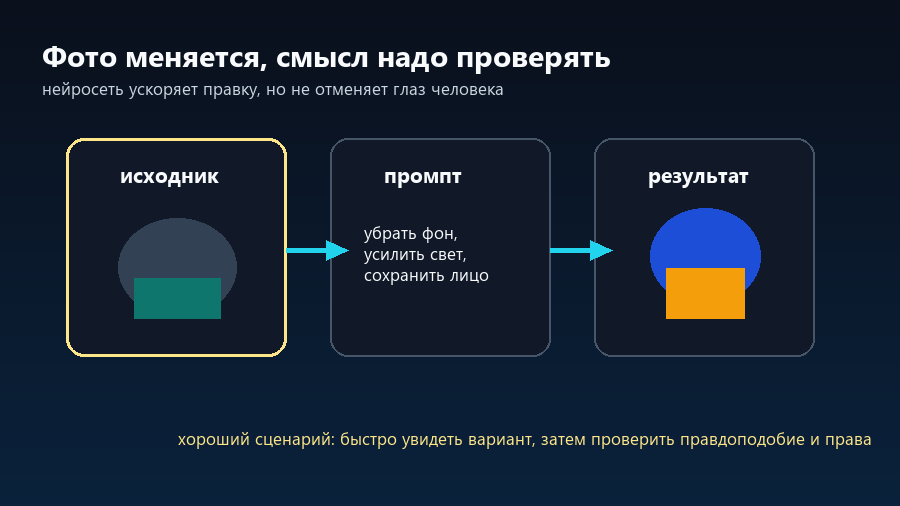 Исходное фото, текстовая правка и результат проходят проверку человеком