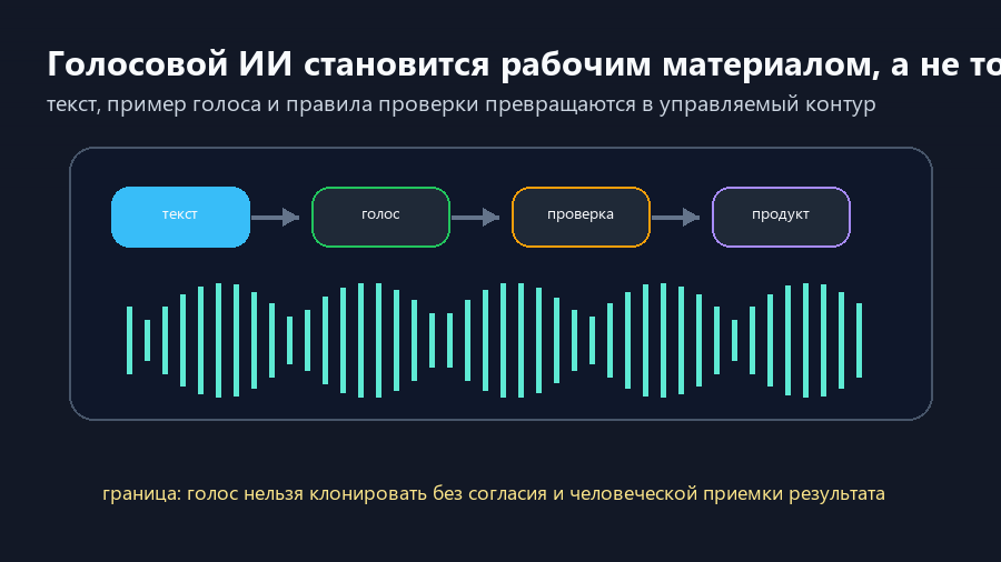 Голосовой ИИ превращает текст, пример голоса и проверку в рабочий контур озвучки