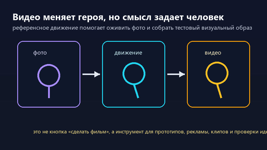 Фото, эталонное движение и итоговое видео соединяются в инструменте Wan Animate