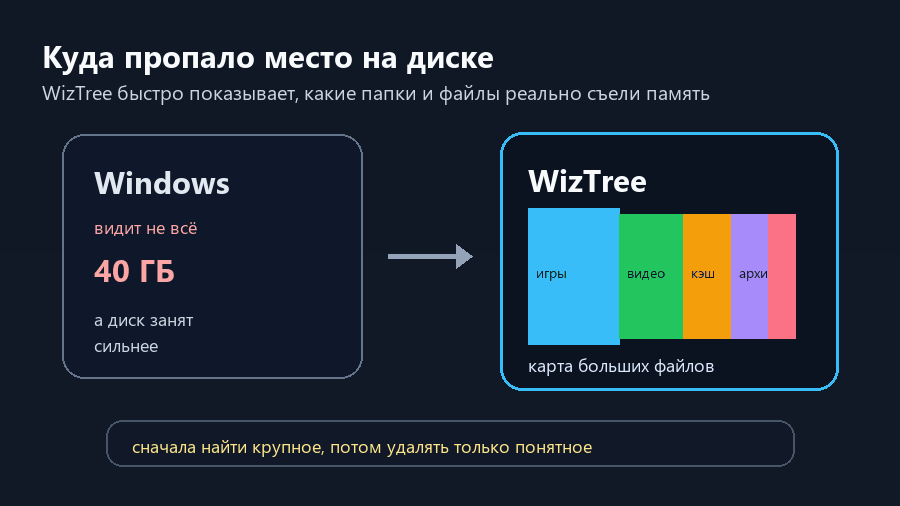 WizTree показывает карту больших файлов на диске Windows