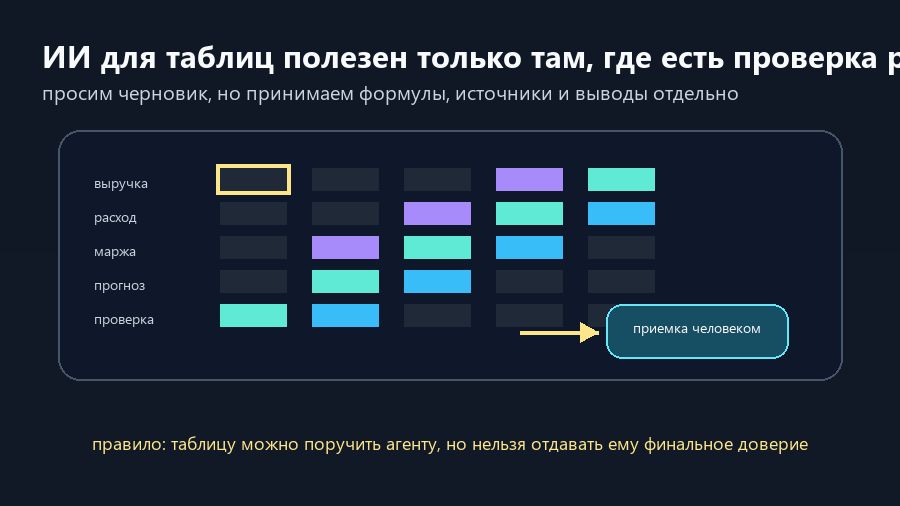 ИИ-помощник собирает таблицу, а человек проверяет формулы, данные и выводы