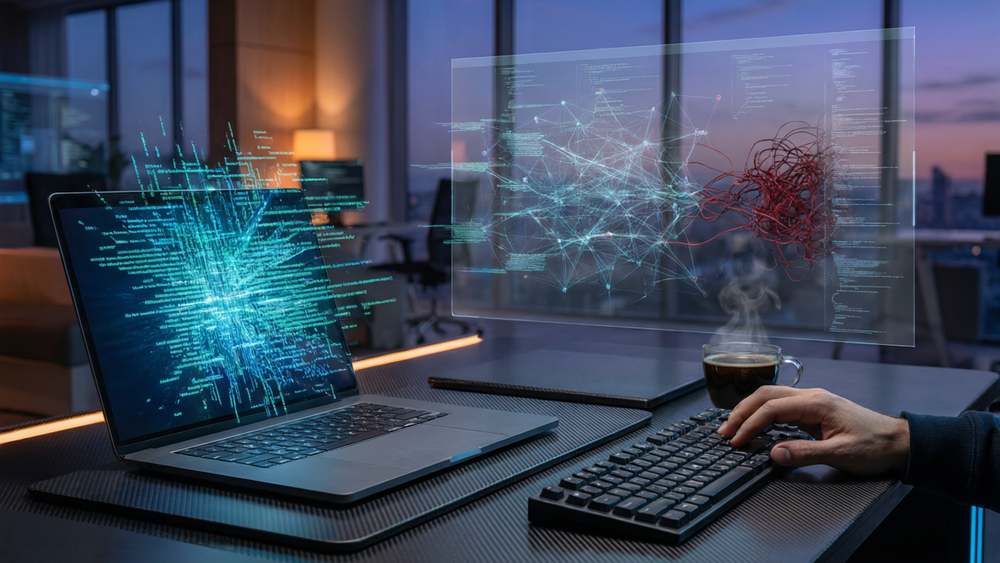 Схема: AI генерирует 80% кода, но узкое место смещается на ревью и контроль качества