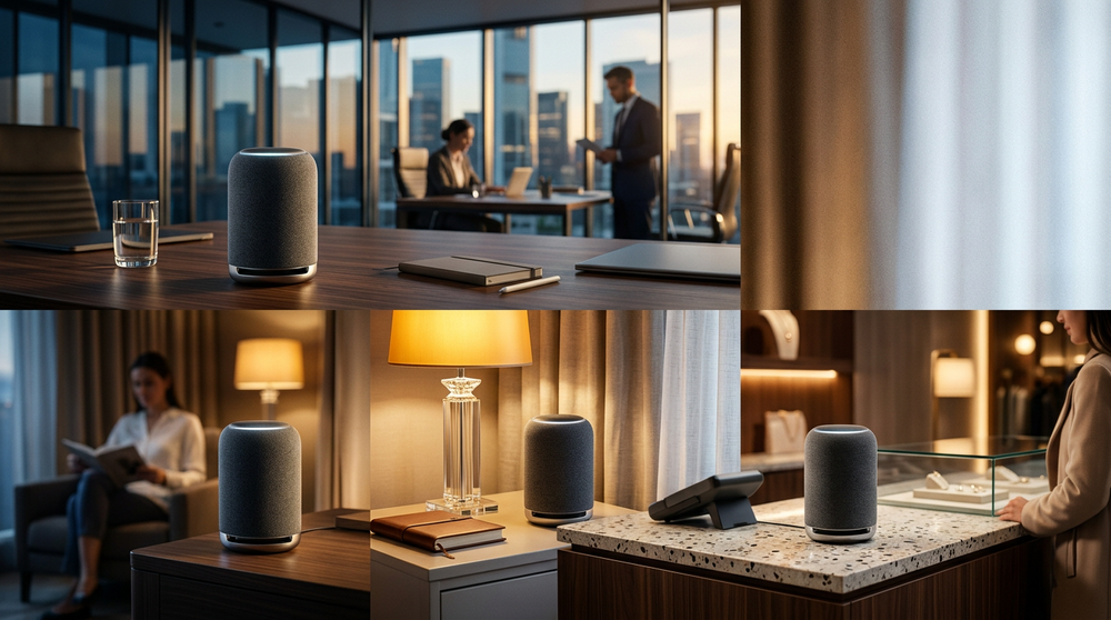Google Home Speaker 2026 на стойке ресепшн в офисе: тест голосового управления в шумной рабочей среде