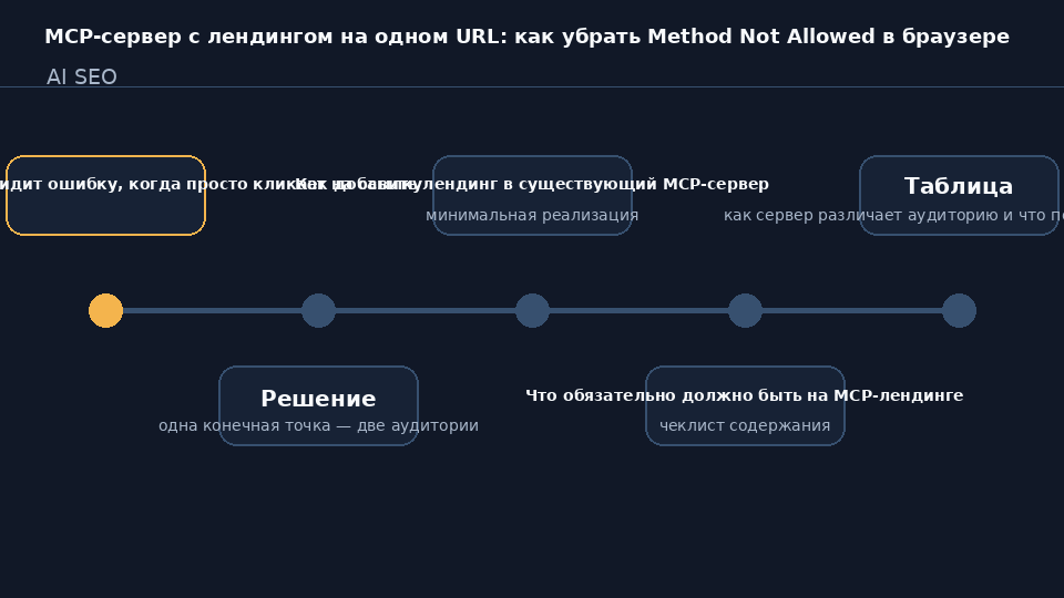 Схема роутинга MCP-сервера: браузер получает HTML-лендинг, AI-агент получает JSON-RPC на одном URL