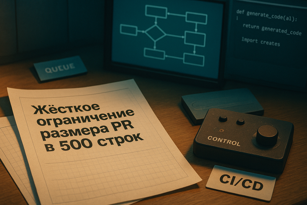 Жёсткое ограничение размера PR в 500 строк через GitHub Action для защиты от архитектурного дрейфа при AI-генерации кода