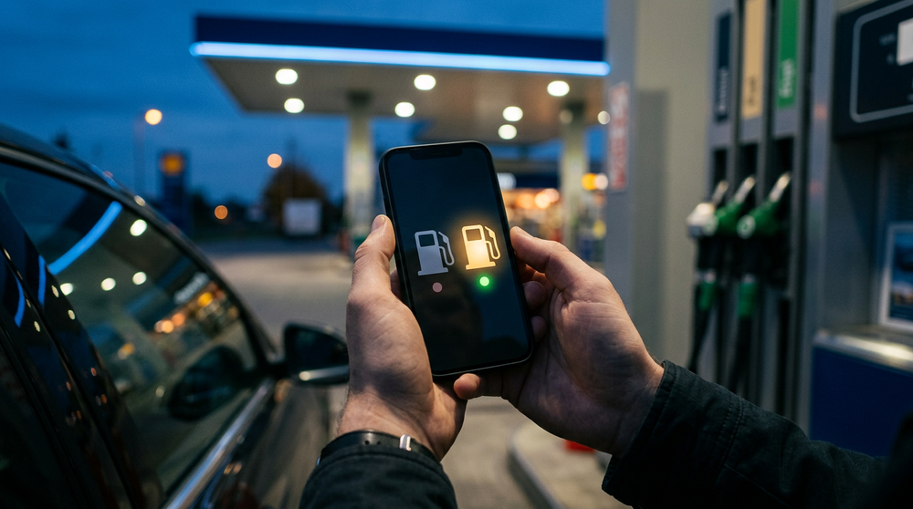 Водитель проверяет марку топлива на АЗС через приложение на смартфоне, чтобы не заправиться АИ-92 вместо АИ-95