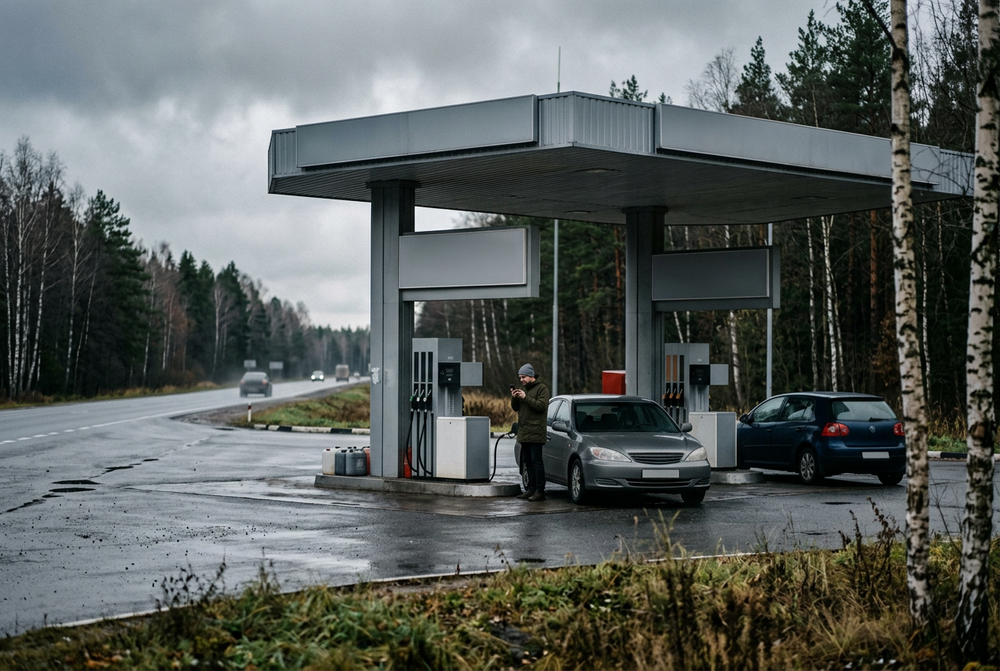 Водитель проверяет наличие топлива на АЗС через телефон, стоя у колонки