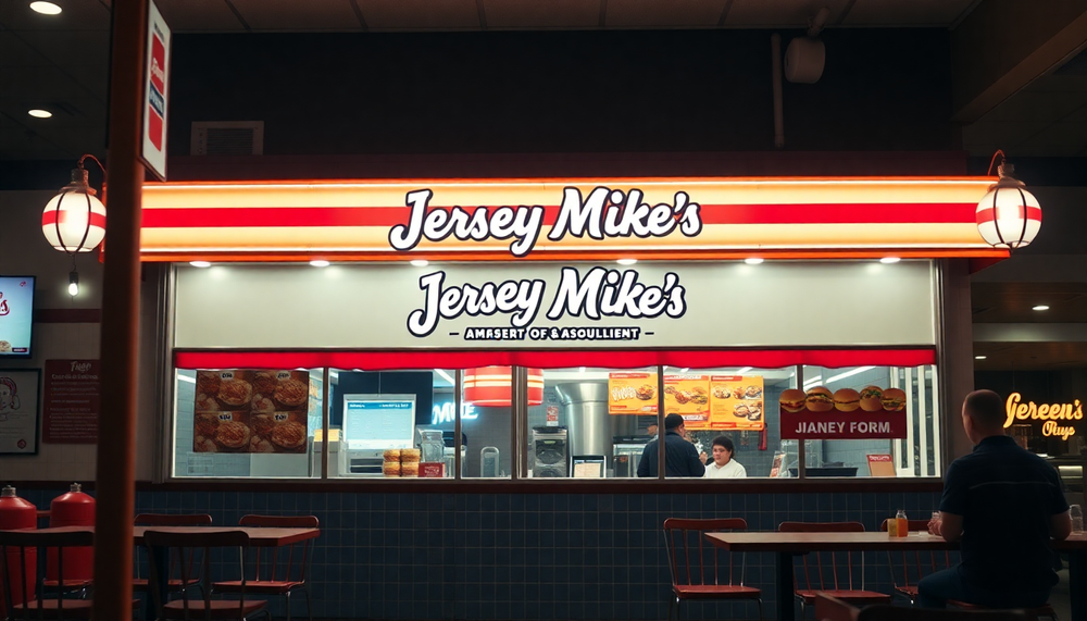 Документы IPO Jersey Mike's с 22 упоминаниями AI на фоне сэндвича и графика роста