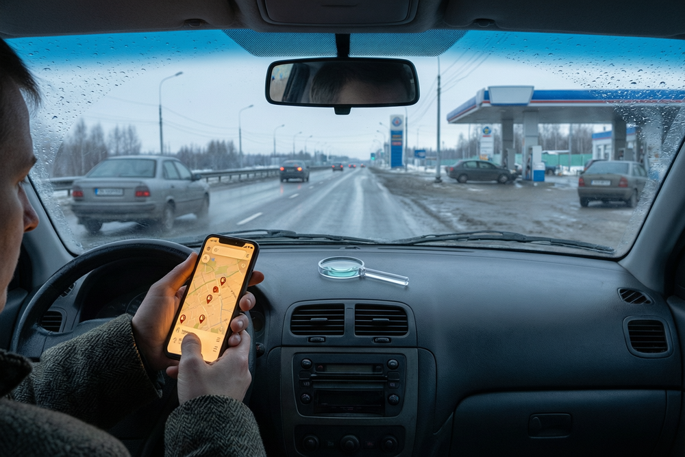 Водитель проверяет приложение поиска бензина на смартфоне в машине, на карте видны отметки заправок