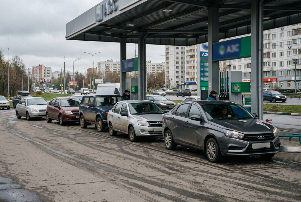 Автомобиль в очереди на заправке, водитель смотрит на телефон с картой